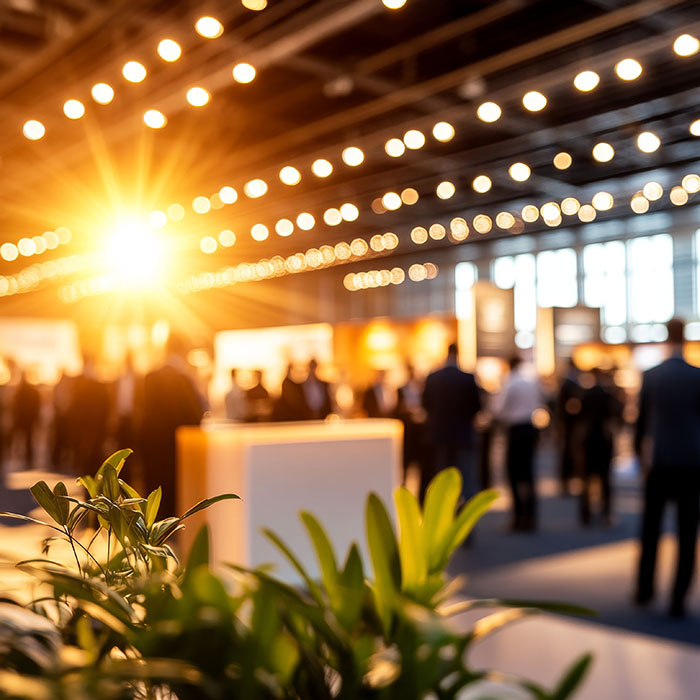 A large event hall with a crowd of people gathered, filled with light.  The focus is on plants in the foreground.