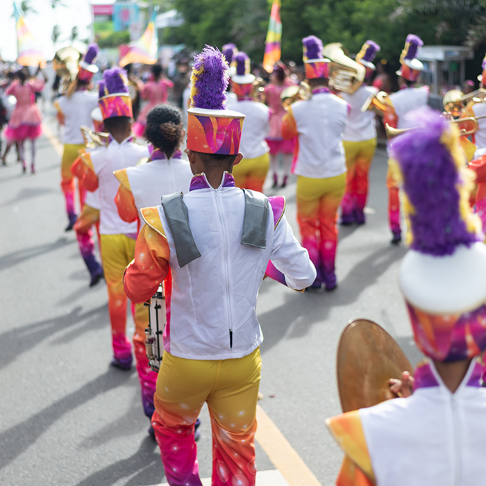 Salvador, Bahia, Brazil - February 11, 2023: Rear view of group of musicians playing wind instruments during Fuzue pre-carnival in the city of Salvador, Bahia.