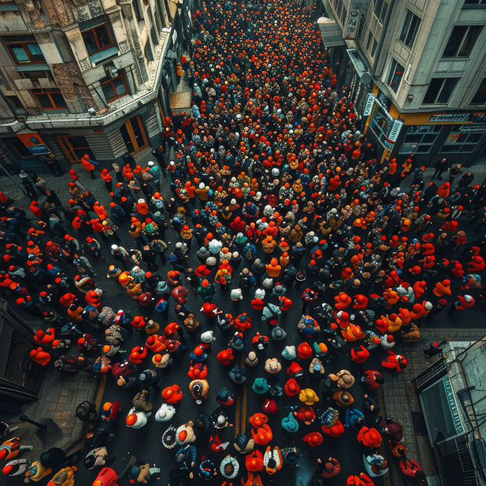 Aerial photography showcasing a substantial gathering of industrial workers rallying for their rights in the street, captured from a bird's-eye perspective. The image encapsulates the scale and intensity of the protest as seen from above, highlighting the unity and strength of the workers as they raise their voices for justice. The composition offers a unique vantage point, emphasizing the organized and determined nature of the demonstration. The scene conveys a powerful narrative of solidarity and resilience, symbolizing the collective fight for worker empowerment and equitable treatment. --ar 16:9 --stylize 250 Job ID: b1f18007-215e-4e08-884d-388e0f08c8ef